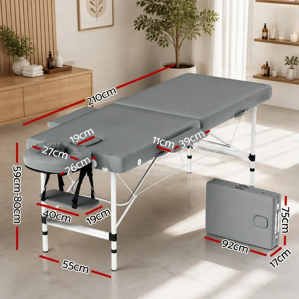 Portable Massage Table 55cm 2 Fold Aluminium Beauty Therapy Bed Grey with Carry
