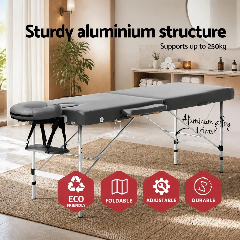 Portable Massage Table 55cm 2 Fold Aluminium Beauty Therapy Bed Grey with Carry