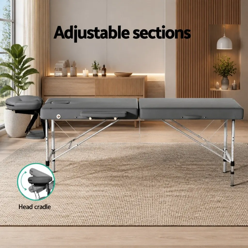 Portable Massage Table 55cm 2 Fold Aluminium Beauty Therapy Bed Grey with Carry