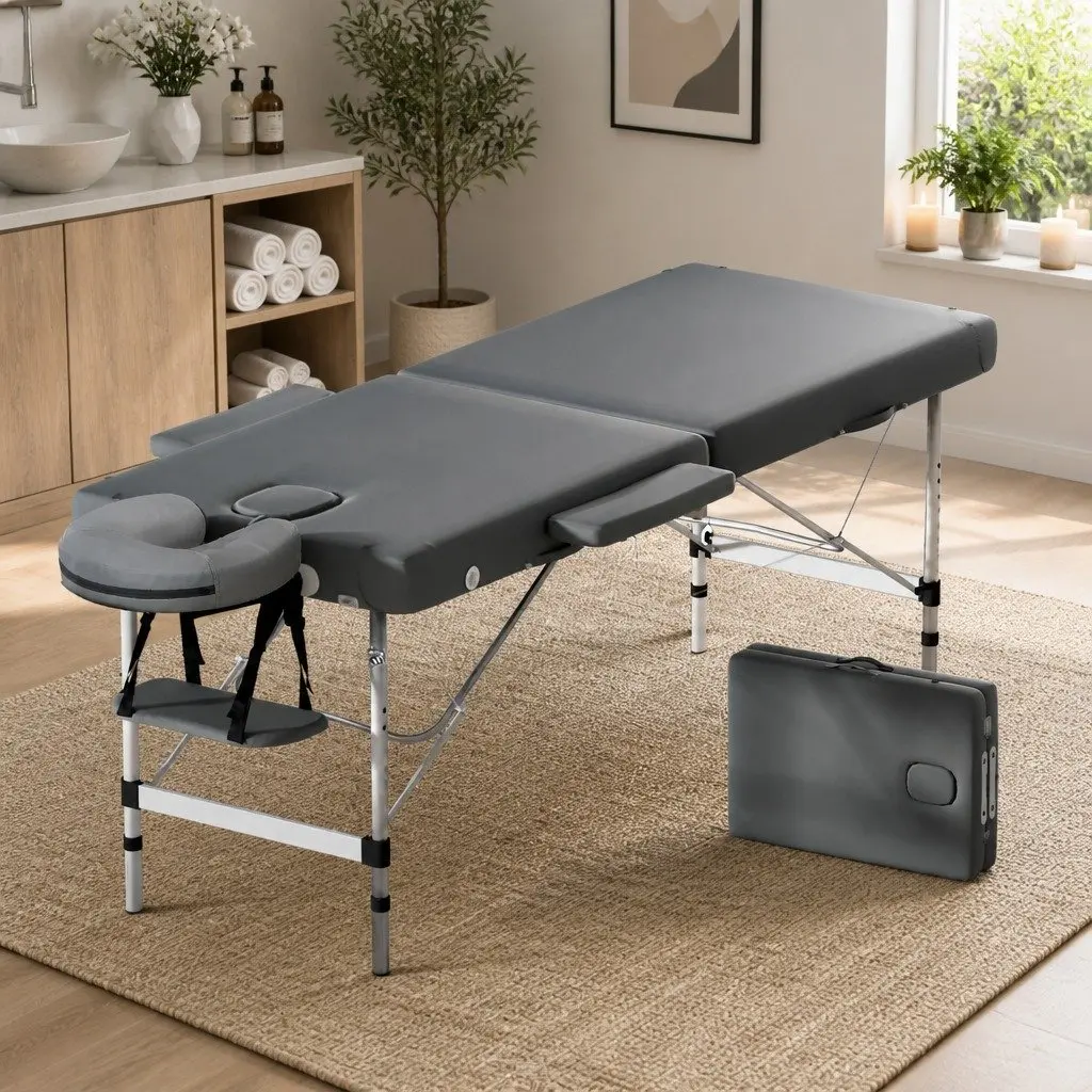 Portable Massage Table 55cm 2 Fold Aluminium Beauty Therapy Bed Grey with Carry