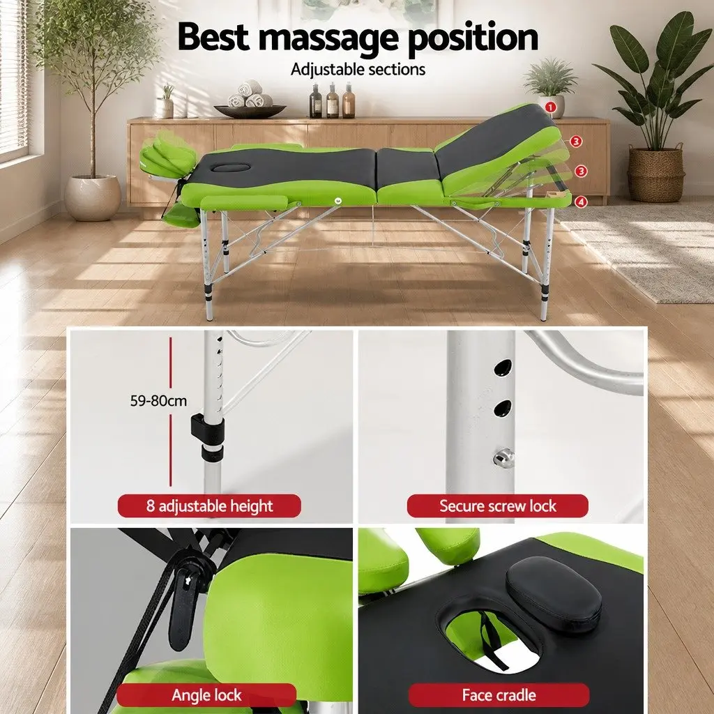 Massage Table 75cm Portable 3 Fold Aluminium Therapy Bed Adjustable Height