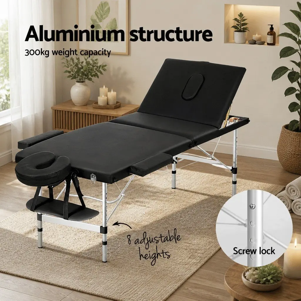 Massage Table 65cm Portable 3 Fold Black Beauty Bed Adjustable Height