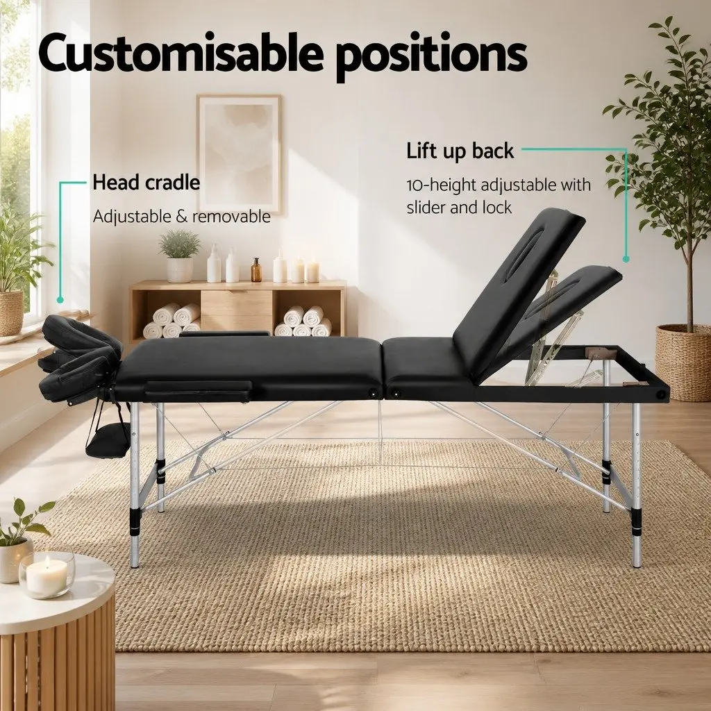 Massage Table 65cm Portable 3 Fold Black Beauty Bed Adjustable Height