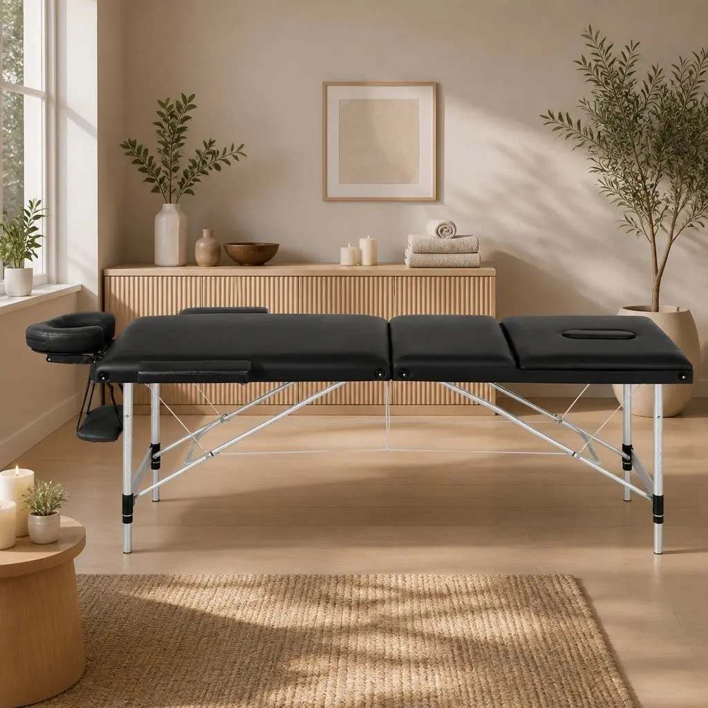 Massage Table 65cm Portable 3 Fold Black Beauty Bed Adjustable Height
