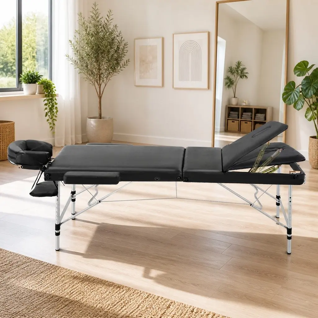 Massage Table 80cm Portable 3 Fold Aluminium Beauty Therapy Bed Black
