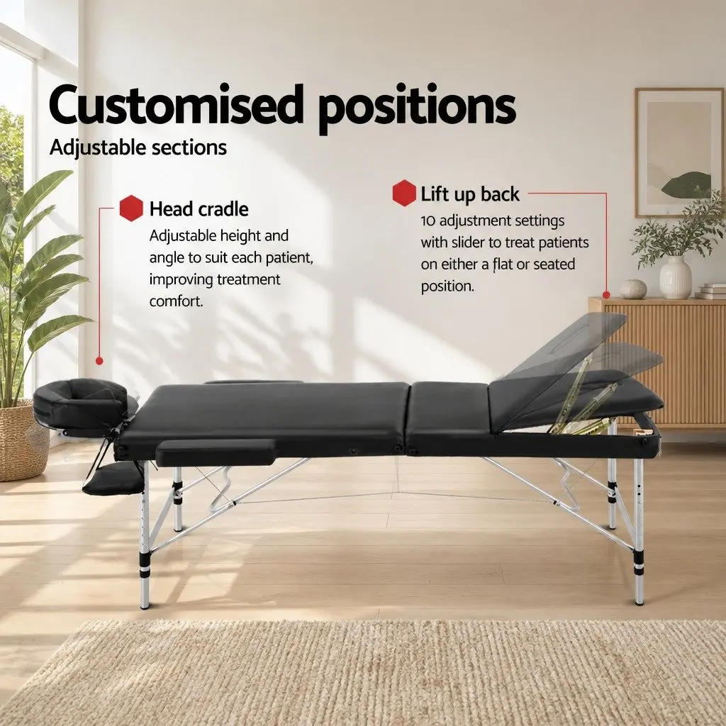 Massage Table 80cm Portable 3 Fold Aluminium Beauty Therapy Bed Black