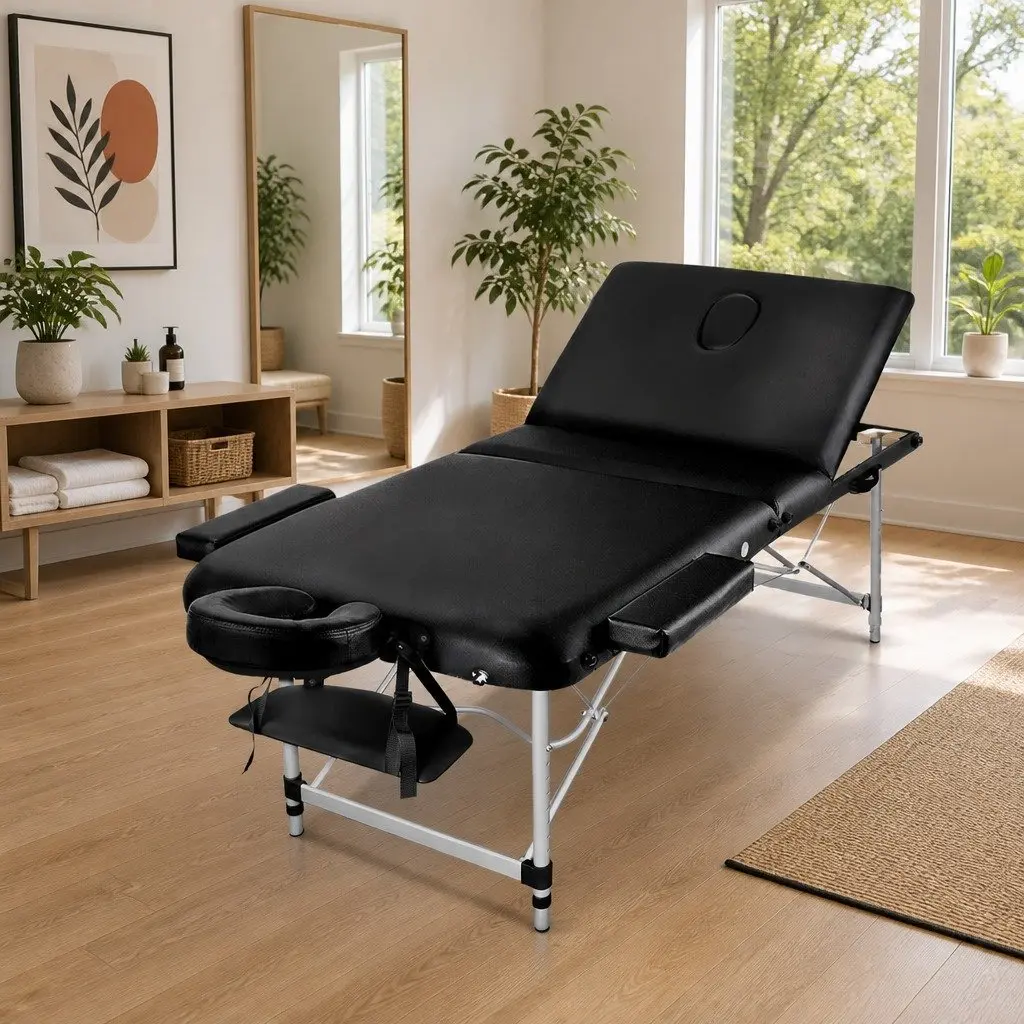 Massage Table 80cm Portable 3 Fold Aluminium Beauty Therapy Bed Black