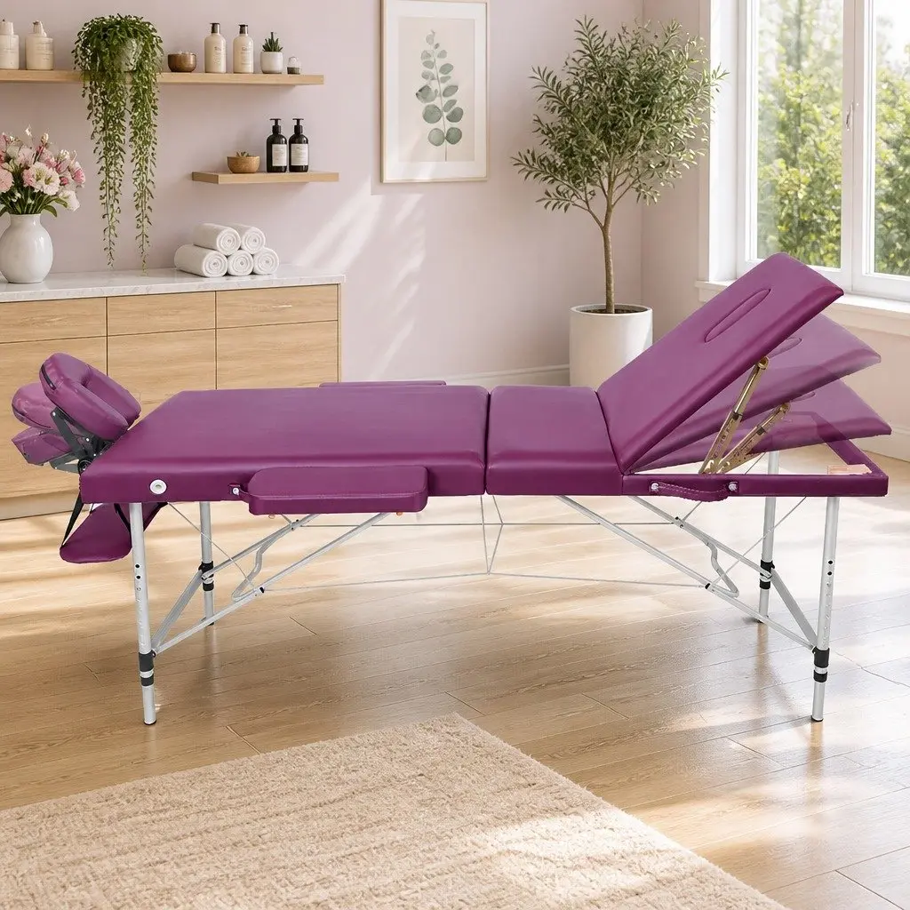 Portable Massage Table 75cm Wide 3 Fold Aluminium Beauty Therapy Bed Violet
