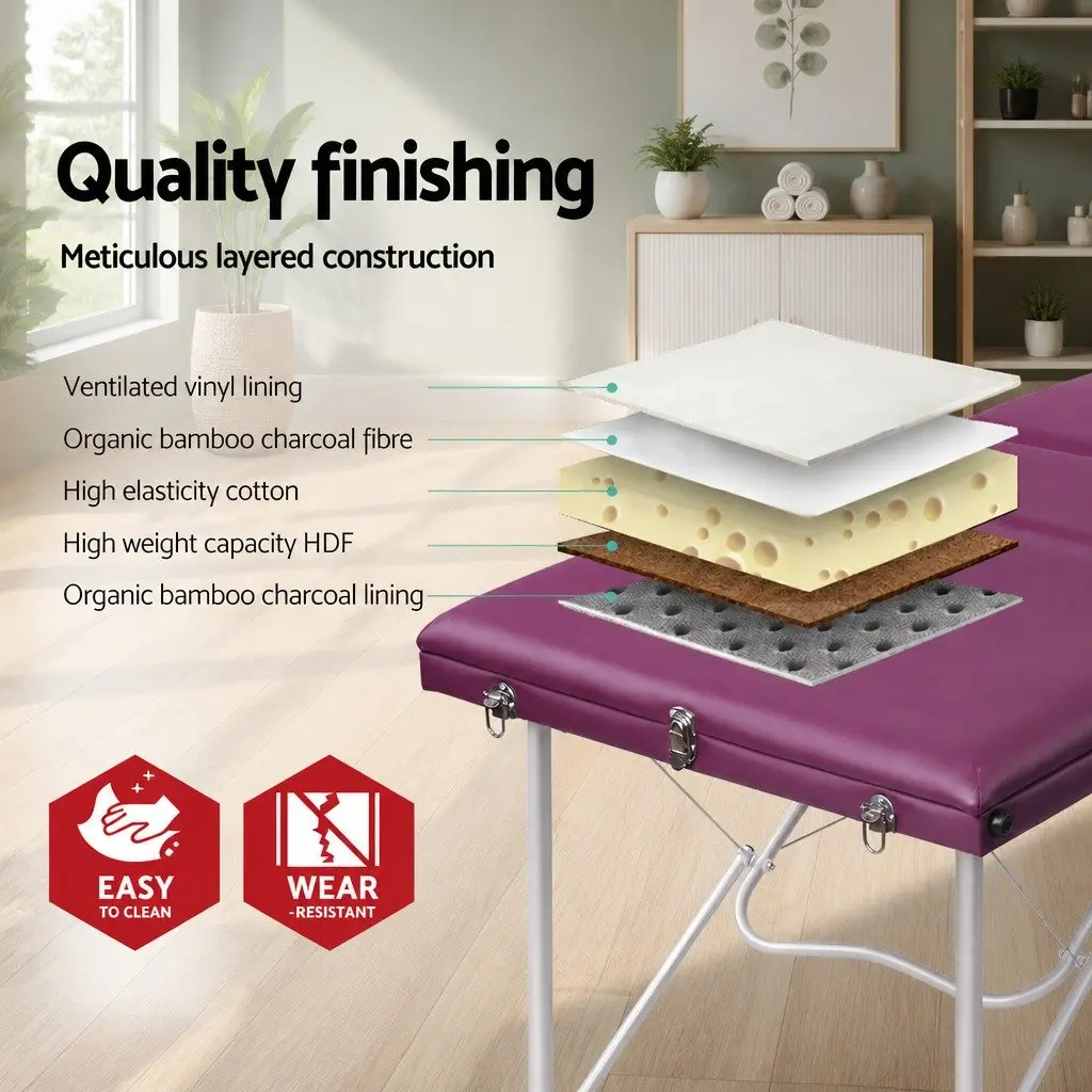 Portable Massage Table 75cm Wide 3 Fold Aluminium Beauty Therapy Bed Violet