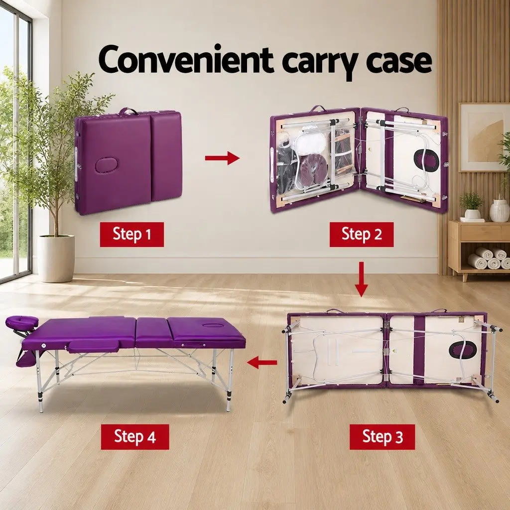 Portable Massage Table 75cm Wide 3 Fold Aluminium Beauty Therapy Bed Violet