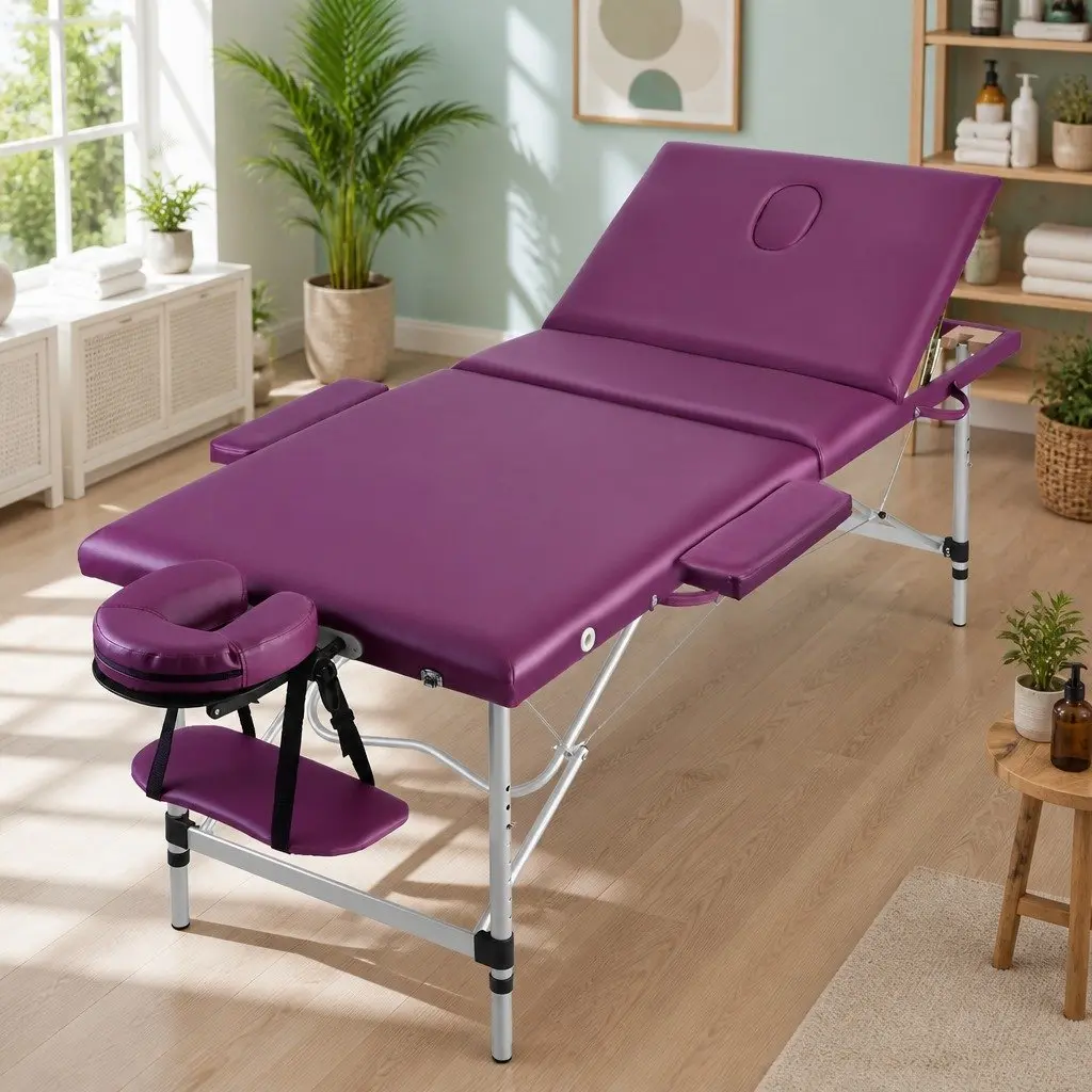 Portable Massage Table 75cm Wide 3 Fold Aluminium Beauty Therapy Bed Violet
