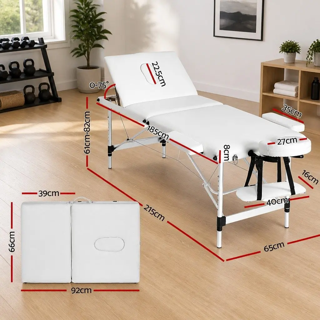 Massage Table 65cm Portable 3 Fold Adjustable Beauty Bed Aluminium White