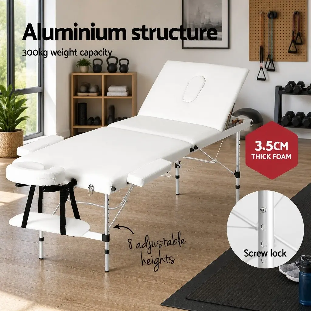 Massage Table 65cm Portable 3 Fold Adjustable Beauty Bed Aluminium White