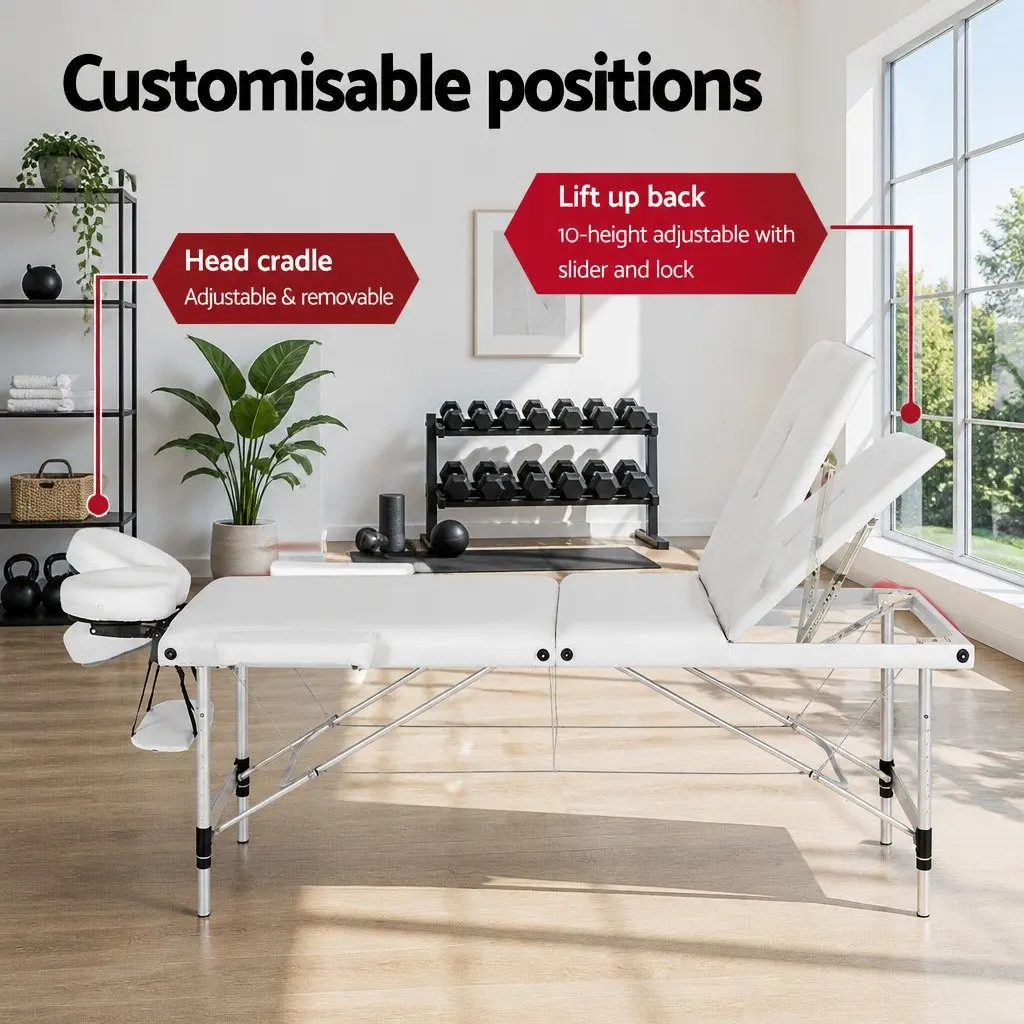 Massage Table 65cm Portable 3 Fold Adjustable Beauty Bed Aluminium White