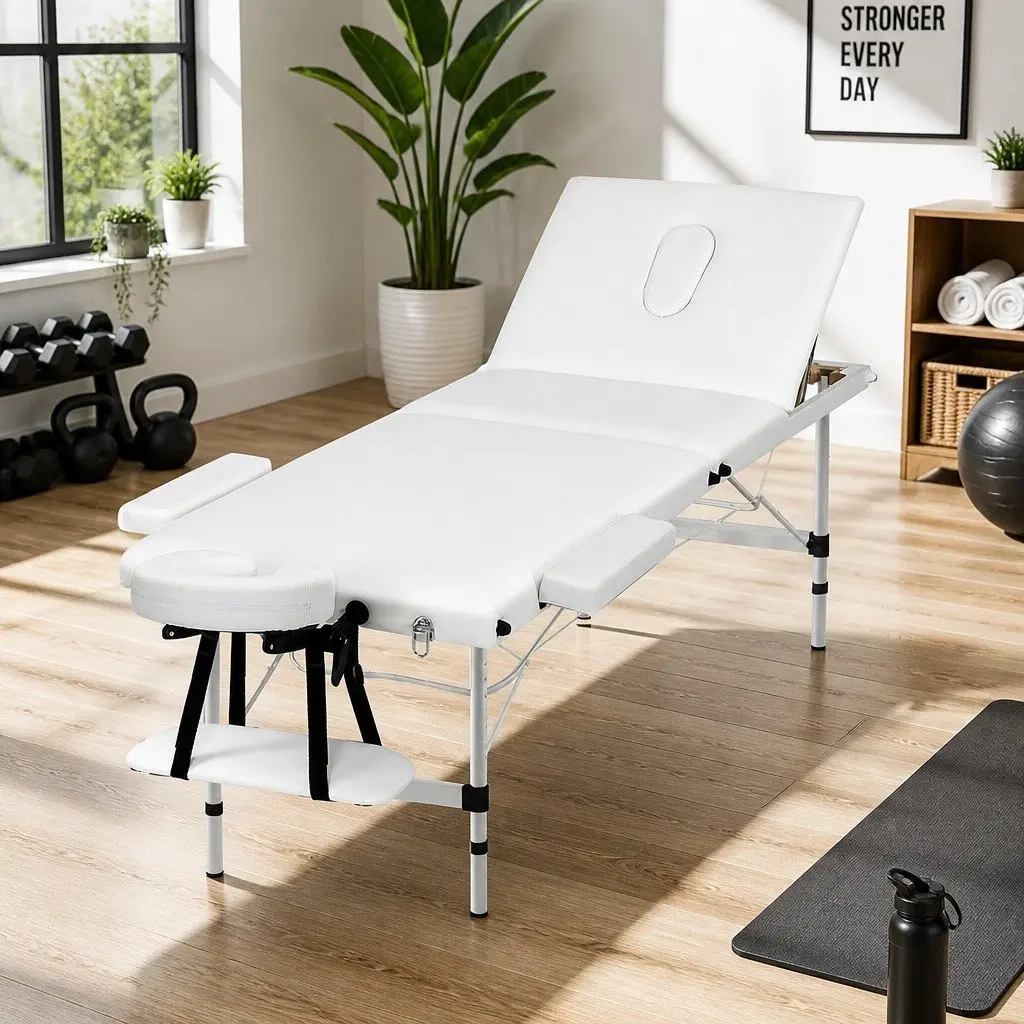 Massage Table 65cm Portable 3 Fold Adjustable Beauty Bed Aluminium White