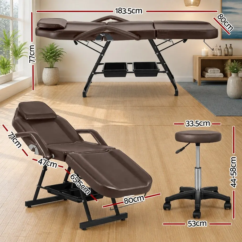 Massage Table Adjustable Salon Bed Chair 3-Fold Brown Portable Therapy Couch