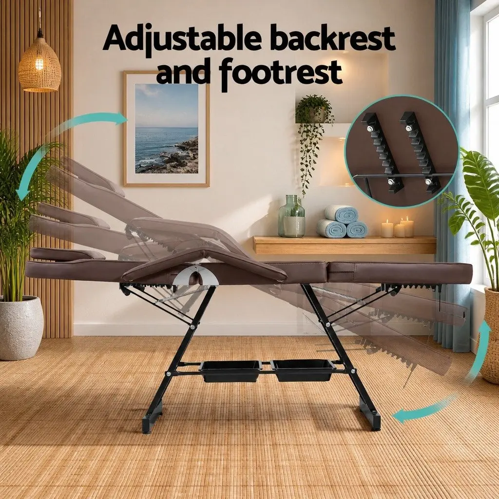 Massage Table Adjustable Salon Bed Chair 3-Fold Brown Portable Therapy Couch