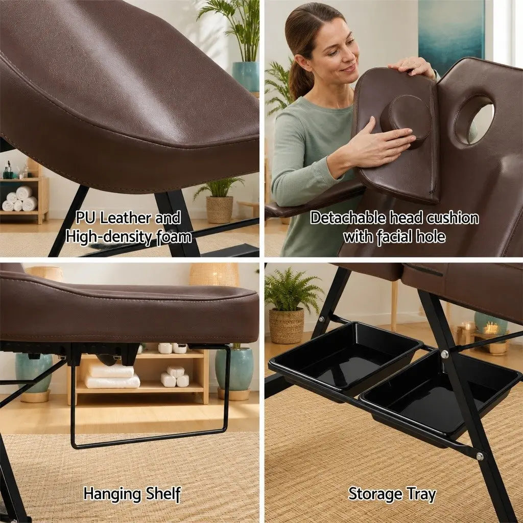 Massage Table Adjustable Salon Bed Chair 3-Fold Brown Portable Therapy Couch