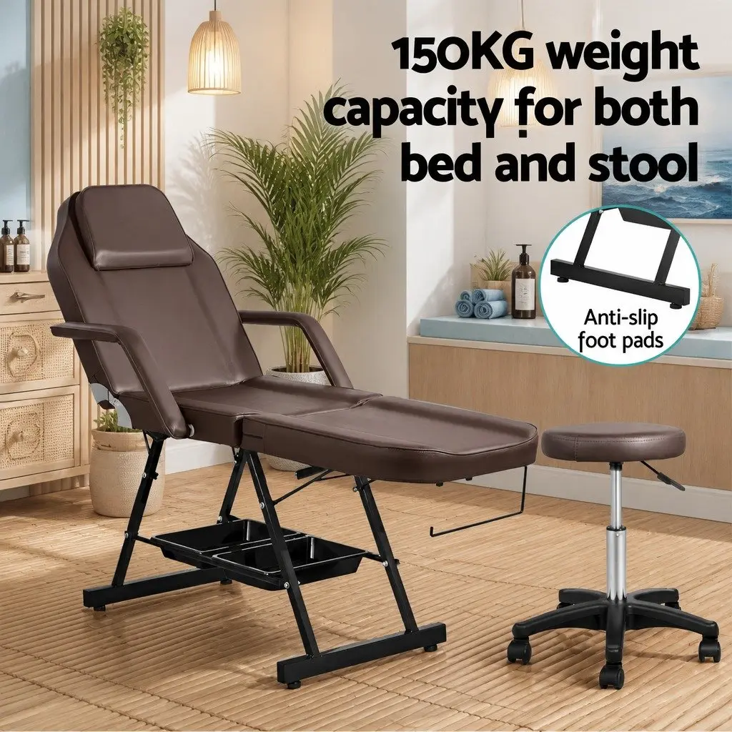 Massage Table Adjustable Salon Bed Chair 3-Fold Brown Portable Therapy Couch
