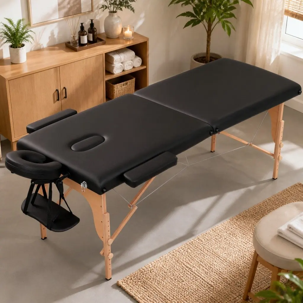 Portable Massage Table 70cm 2 Fold Wooden Beauty Therapy Waxing Bed Black
