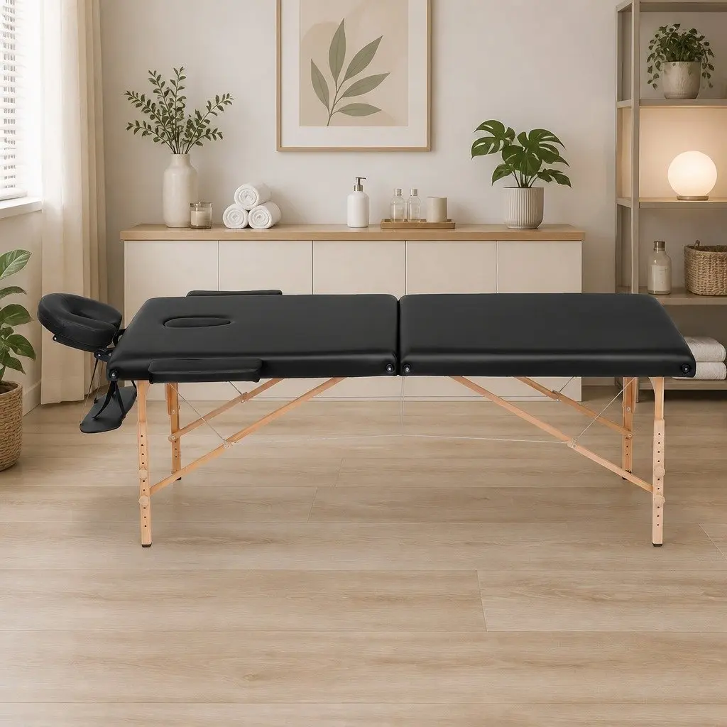 Portable Massage Table 70cm 2 Fold Wooden Beauty Therapy Waxing Bed Black