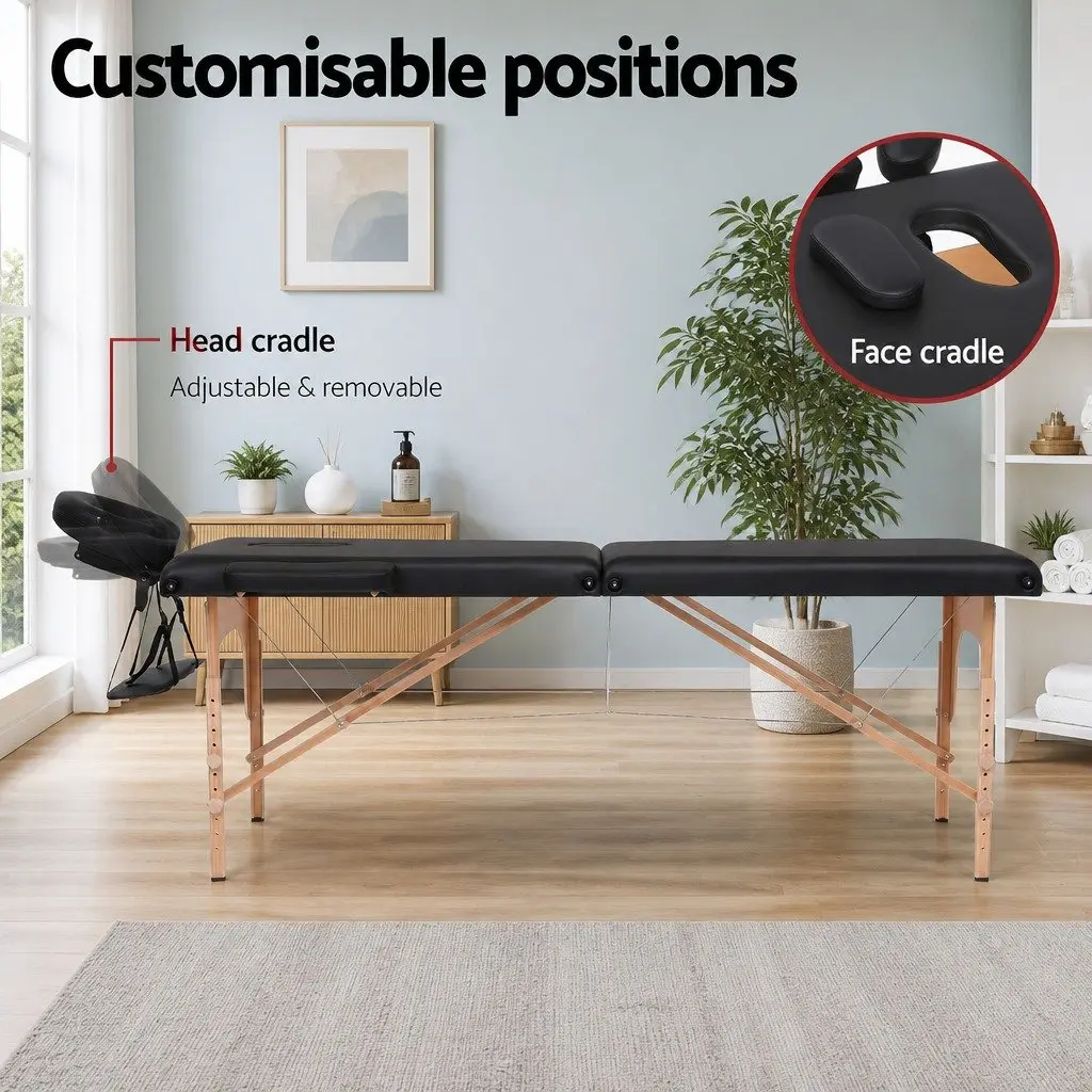 Portable Massage Table 70cm 2 Fold Wooden Beauty Therapy Waxing Bed Black