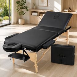 Portable Wooden Massage Table 70cm 3 Fold Therapy Beauty Bed Black Adjustable