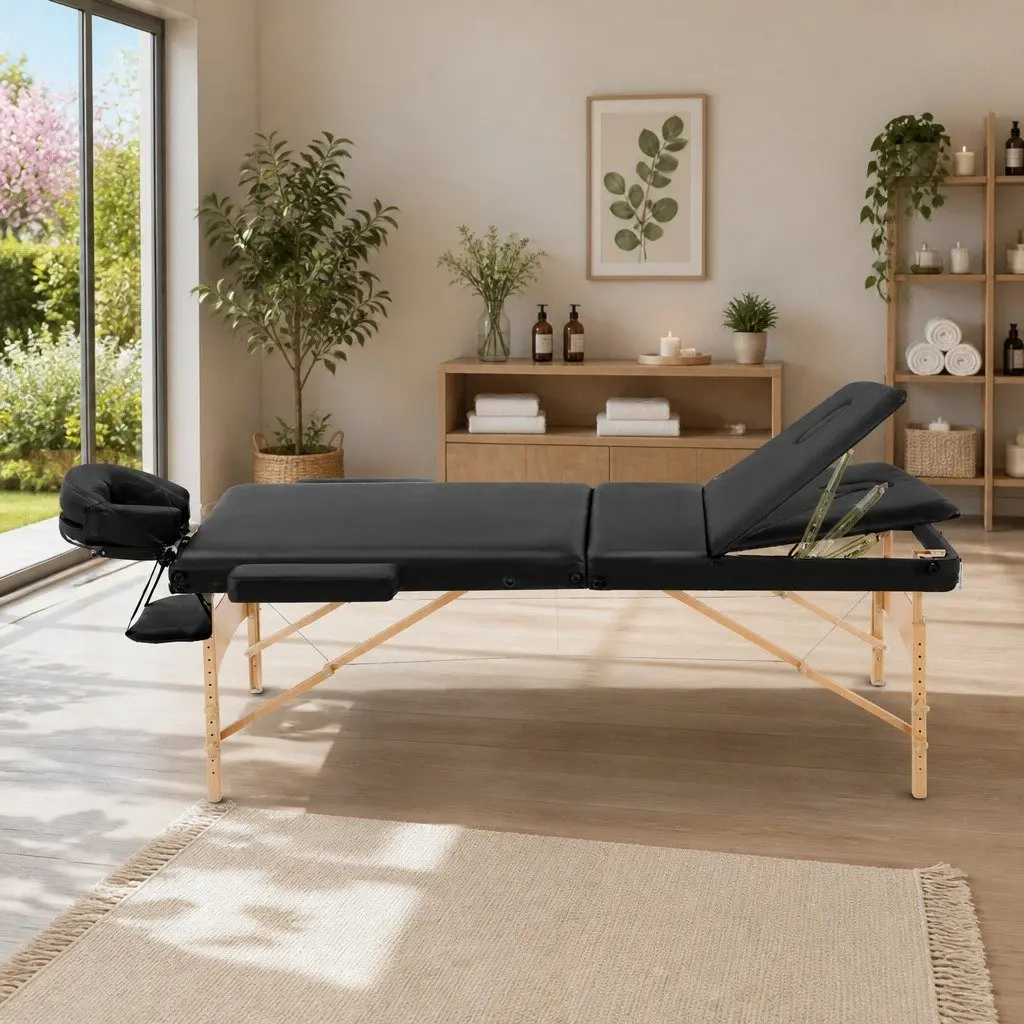 Portable Wooden Massage Table for Therapy 70cm 3 Fold Adjustable Height Black