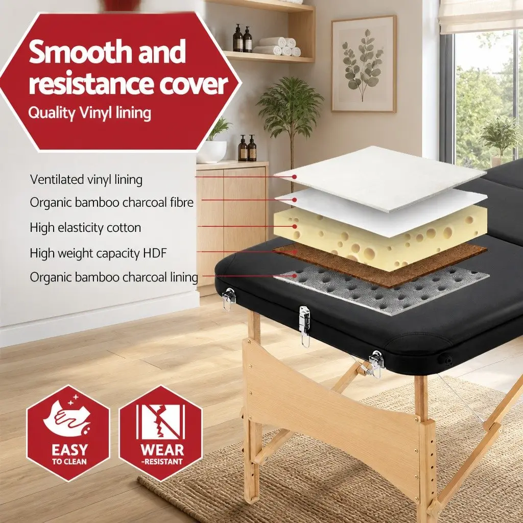 Portable Wooden Massage Table for Therapy 70cm 3 Fold Adjustable Height Black