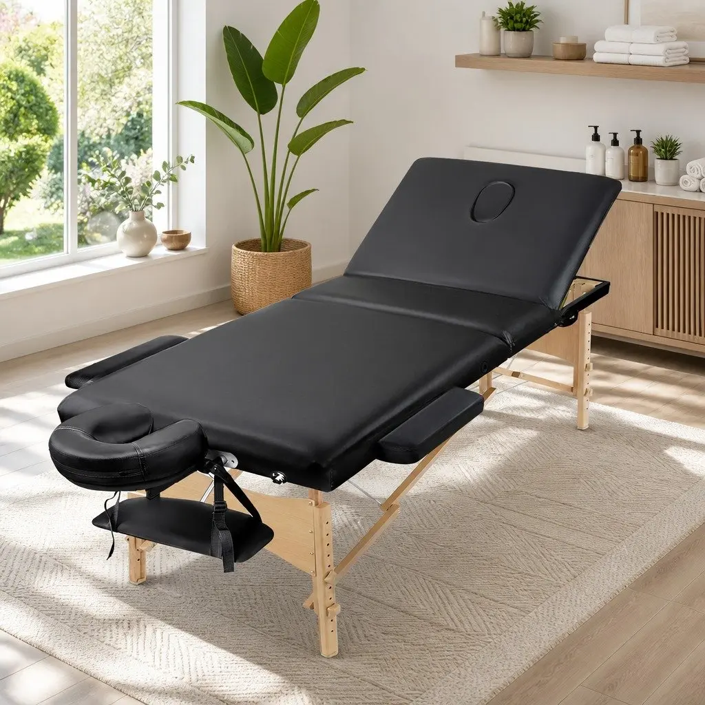 Portable Wooden Massage Table for Therapy 70cm 3 Fold Adjustable Height Black