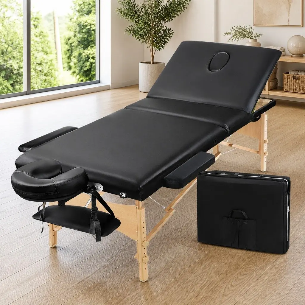 Portable Massage Table 75cm Wide 3 Fold Wooden Beauty Bed Adjustable Height