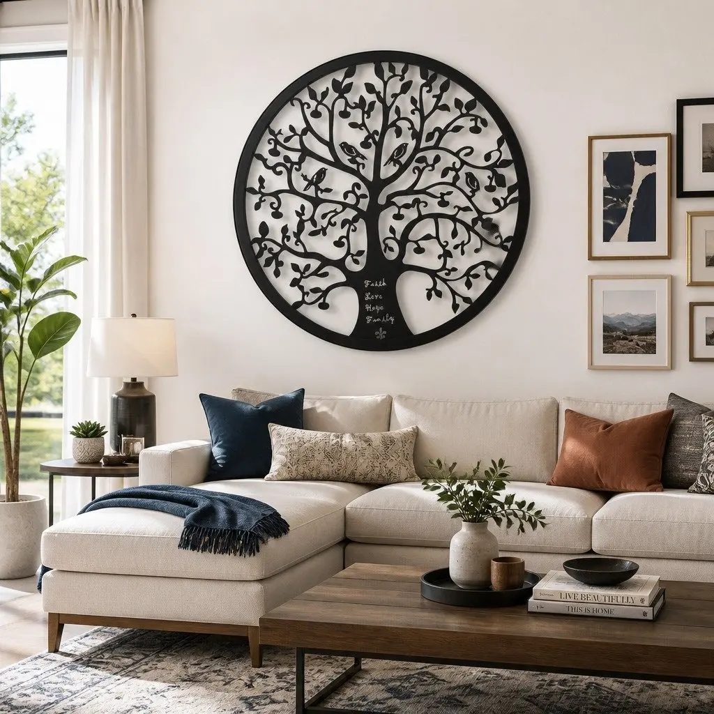 Metal Wall Art Sculpture Tree of Life Round Frame Home Decor 60cm Black