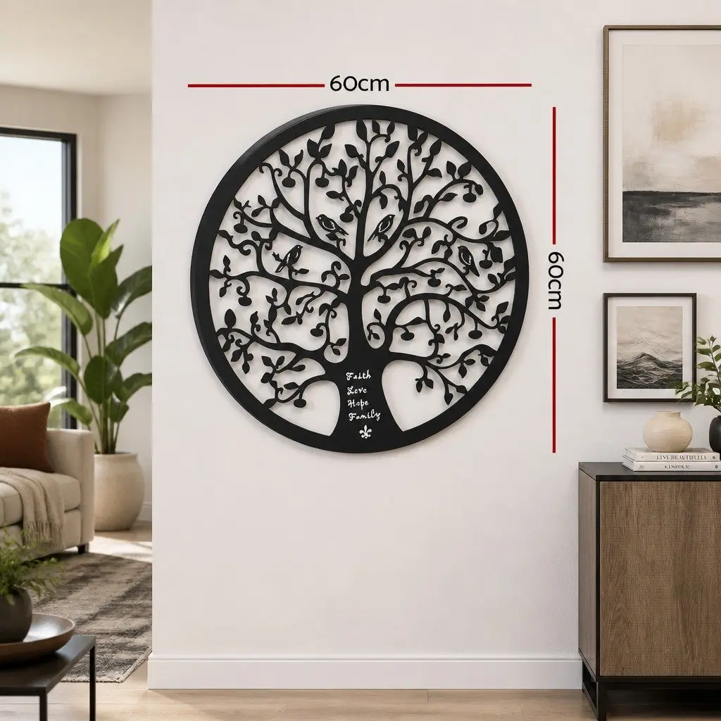 Metal Wall Art Sculpture Tree of Life Round Frame Home Decor 60cm Black