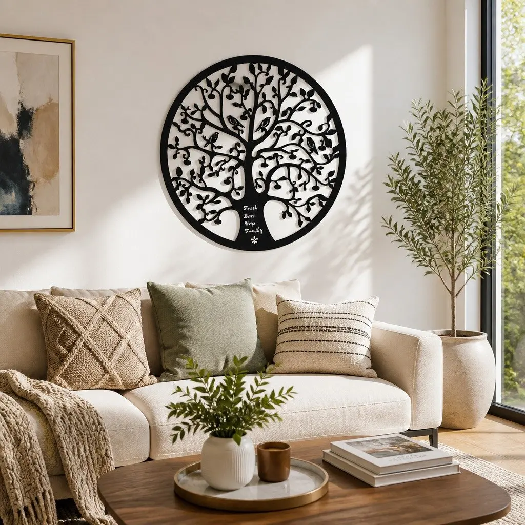 Metal Wall Art Sculpture Tree of Life Round Frame Home Decor 60cm Black