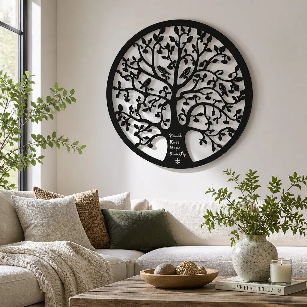 Metal Wall Art Sculpture Tree of Life Round Frame Home Decor 60cm Black