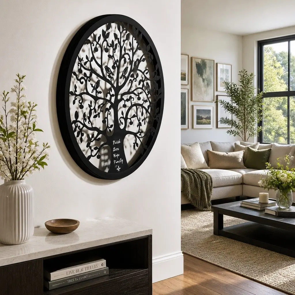 Metal Wall Art Sculpture Tree of Life Round Frame Home Decor 60cm Black