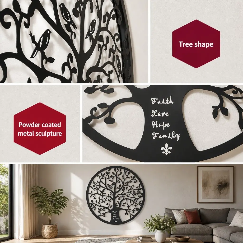 Metal Wall Art Sculpture Tree of Life Round Frame Home Decor 60cm Black