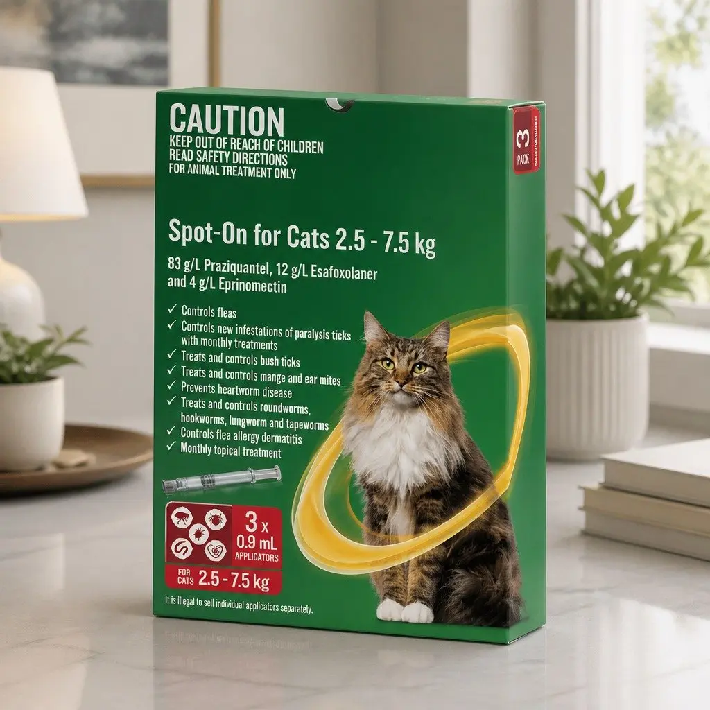 Spot-On for Cats 2.5-7.5kg Monthly Topical Flea Tick Worm Treatment 3 Pack