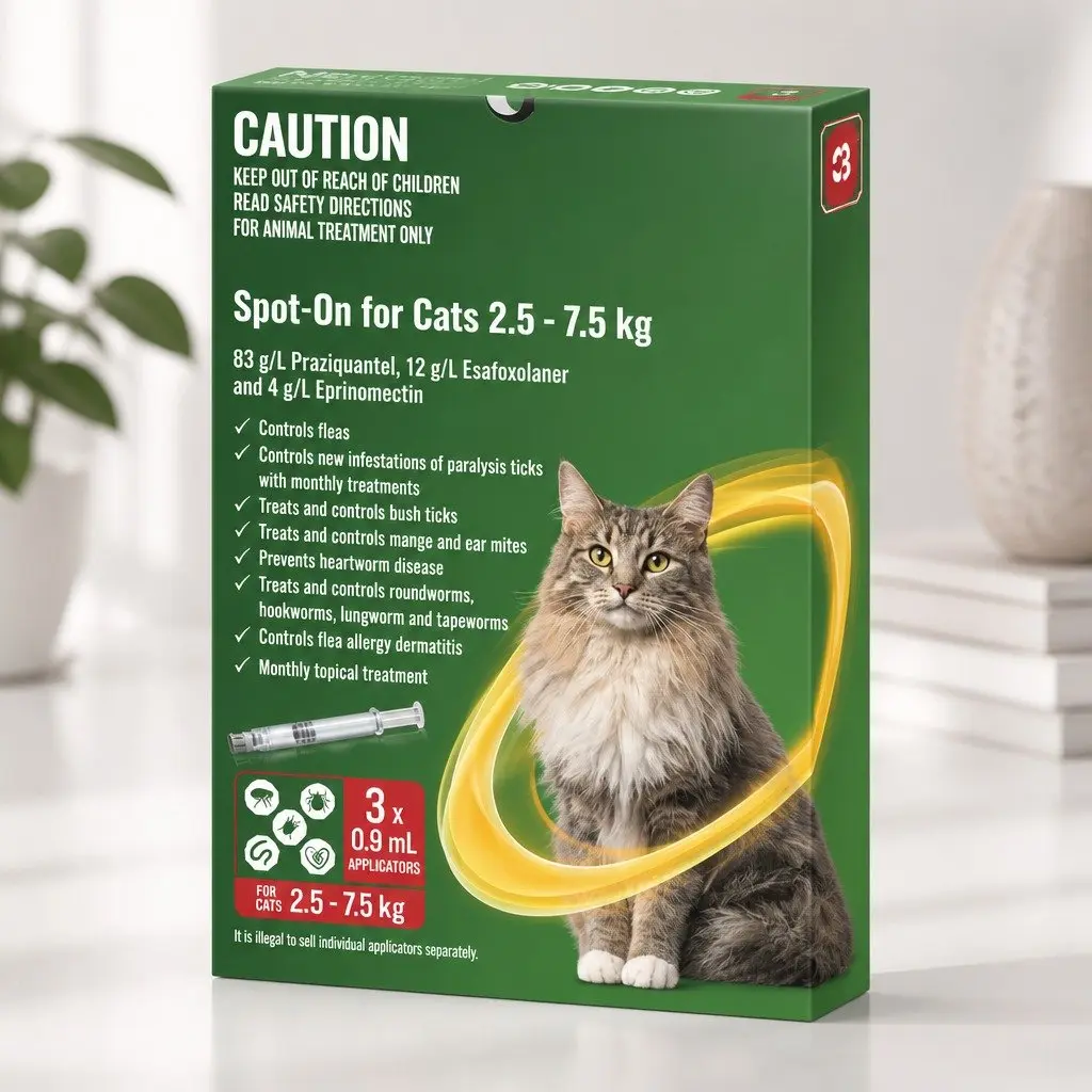 Spot-On for Cats 2.5-7.5kg Monthly Topical Flea Tick Worm Treatment 3 Pack