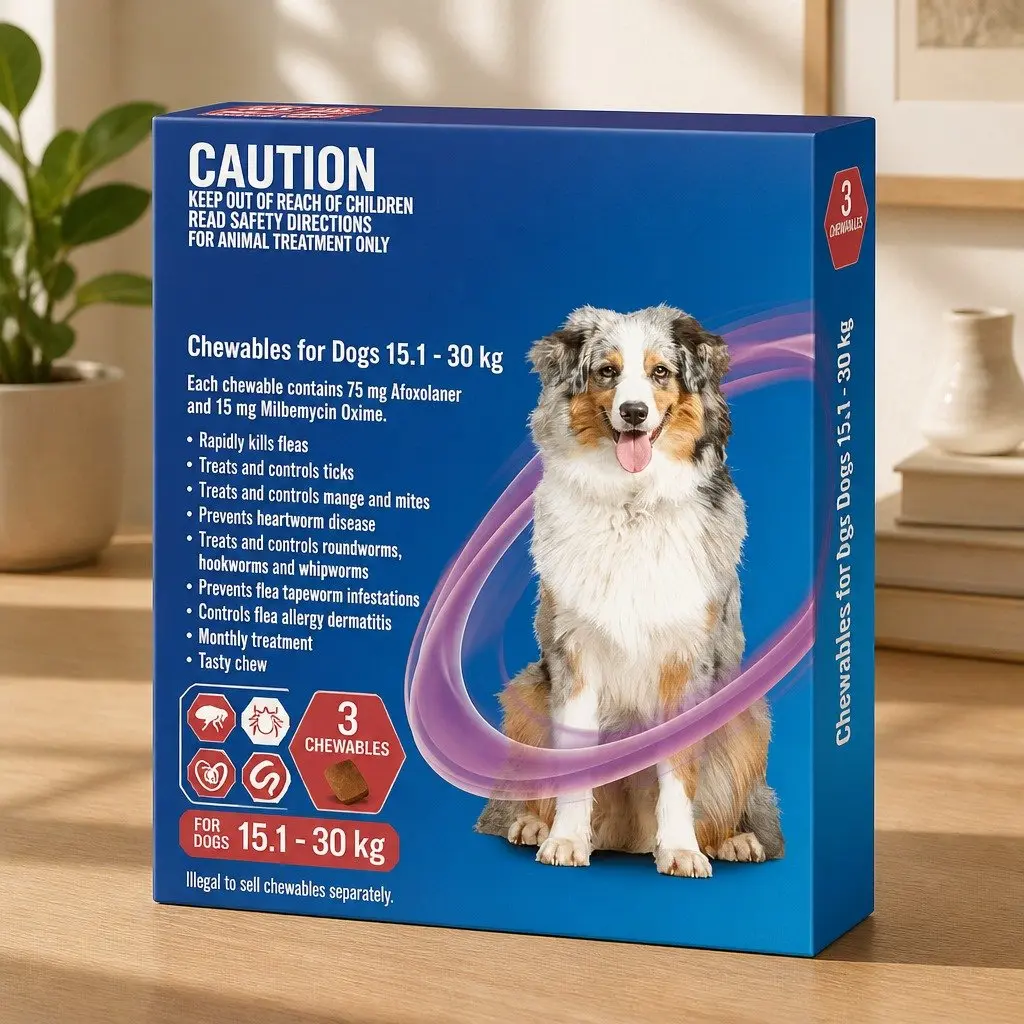 Dog Chews for 15.1-30kg 3 Pack Flea Tick Worm Parasite Treatment