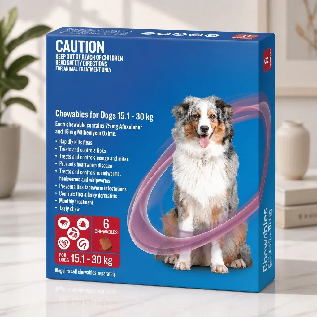 Dog Chews Treatment 15.1-30kg Flea Tick Worm Heartworm 6 Pack