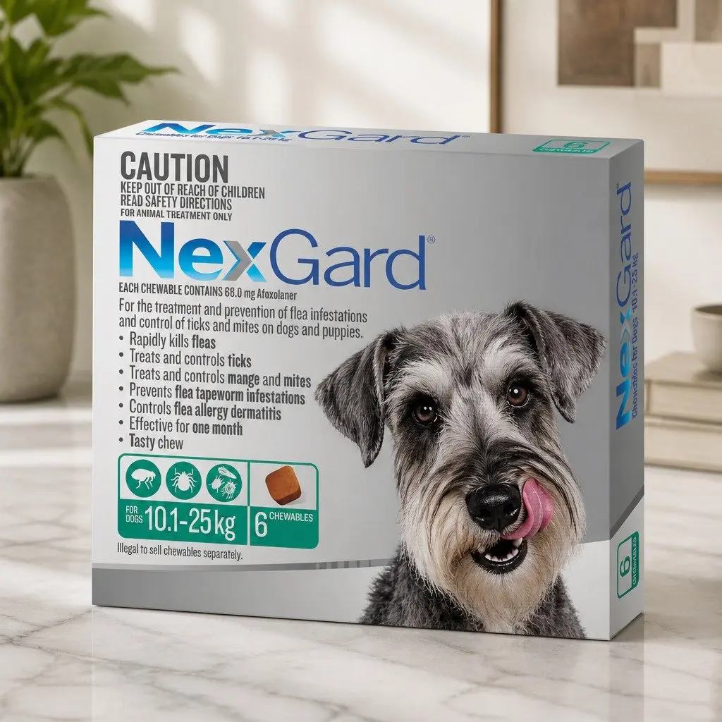 Large Dog Flea and Tick Chewable Tablets 10.1-25kg Green 6 Pack Treatment