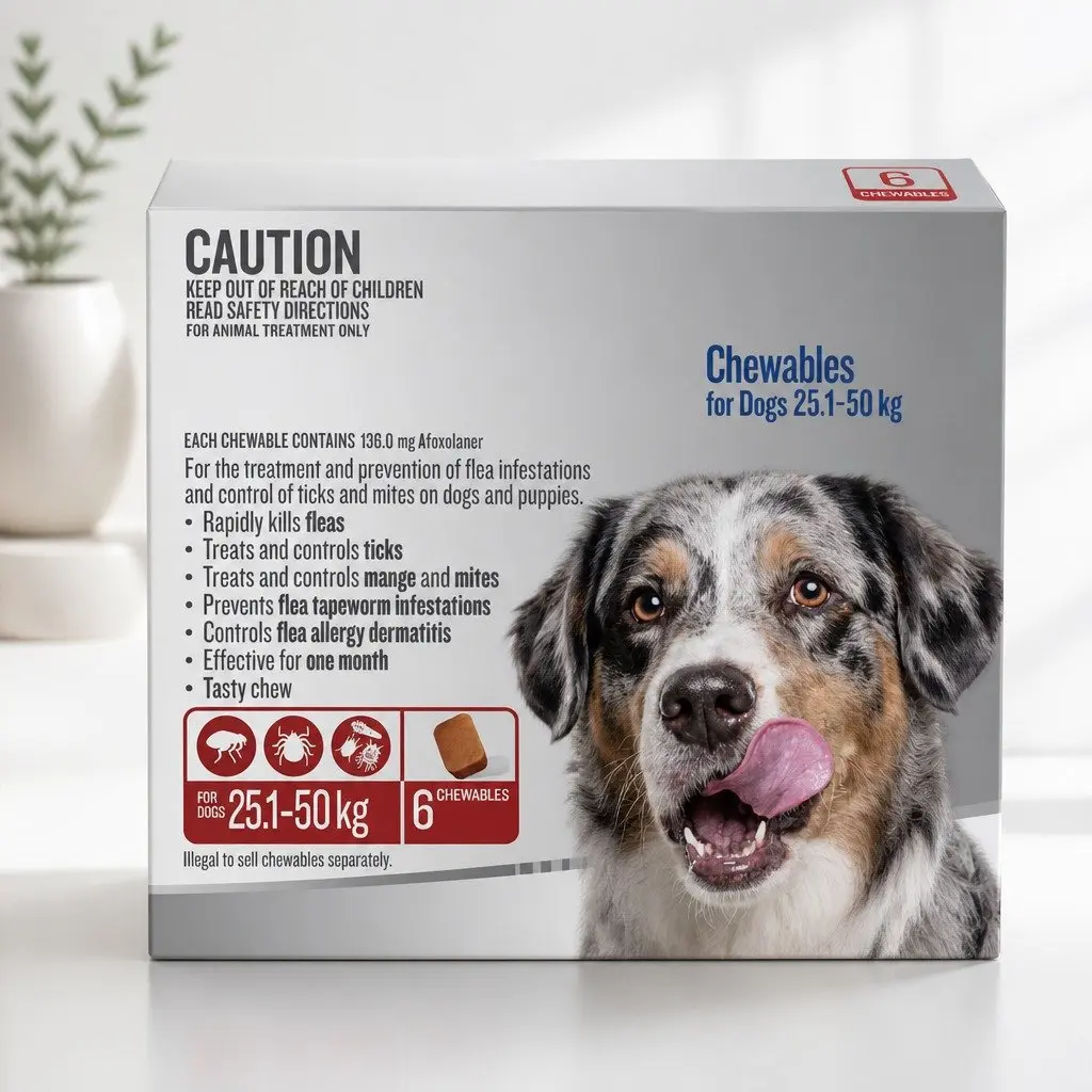 Flea and Tick Oral Chewable Tablets for Dogs 25.1-50kg, 6pk