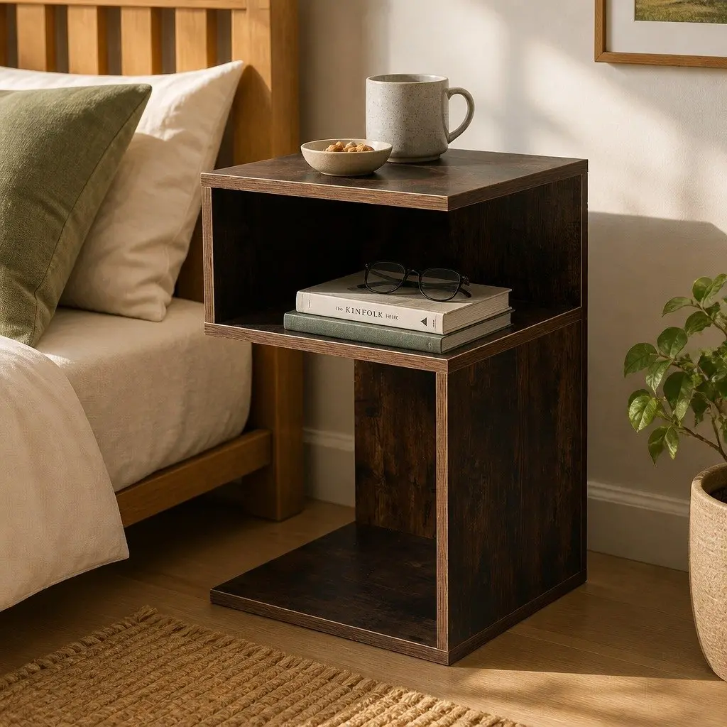 Bedside Table Wooden Side End Oak 33x33x50cm Open Shelves Bedroom Storage 2 Piece