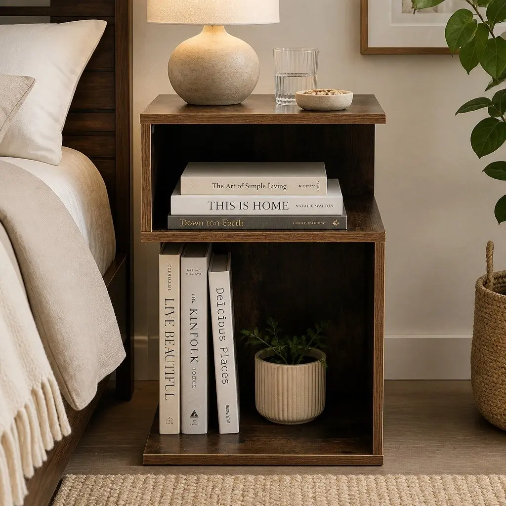 Bedside Table Wooden Side End Oak 33x33x50cm Open Shelves Bedroom Storage 2 Piece