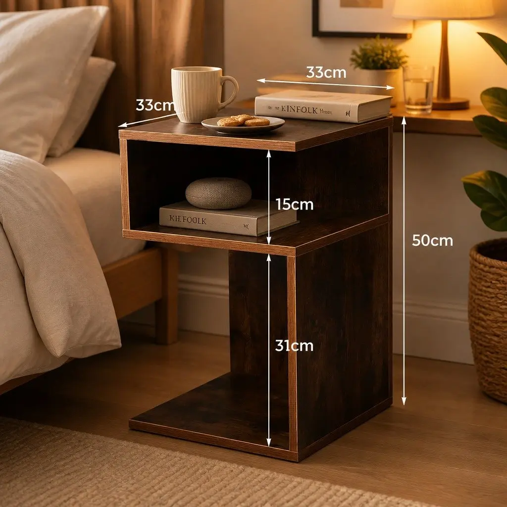Bedside Table Wooden Side End Oak 33x33x50cm Open Shelves Bedroom Storage 2 Piece