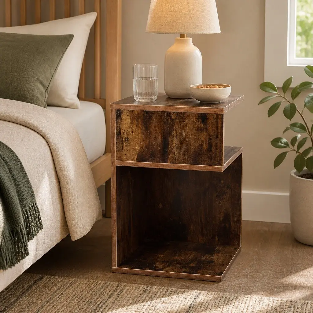 Bedside Table Wooden Side End Oak 33x33x50cm Open Shelves Bedroom Storage 2 Piece