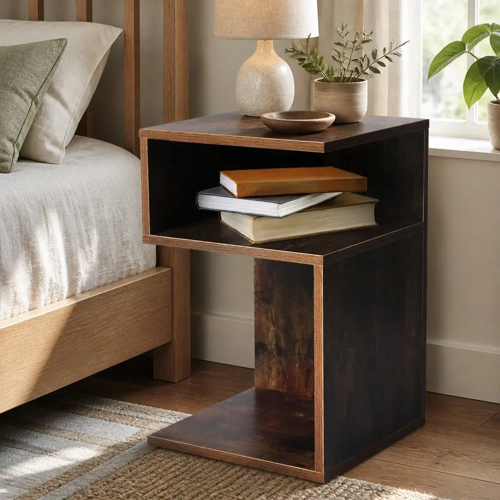 Bedside Table Wooden Side End Oak 33x33x50cm Open Shelves Bedroom Storage 2 Piece