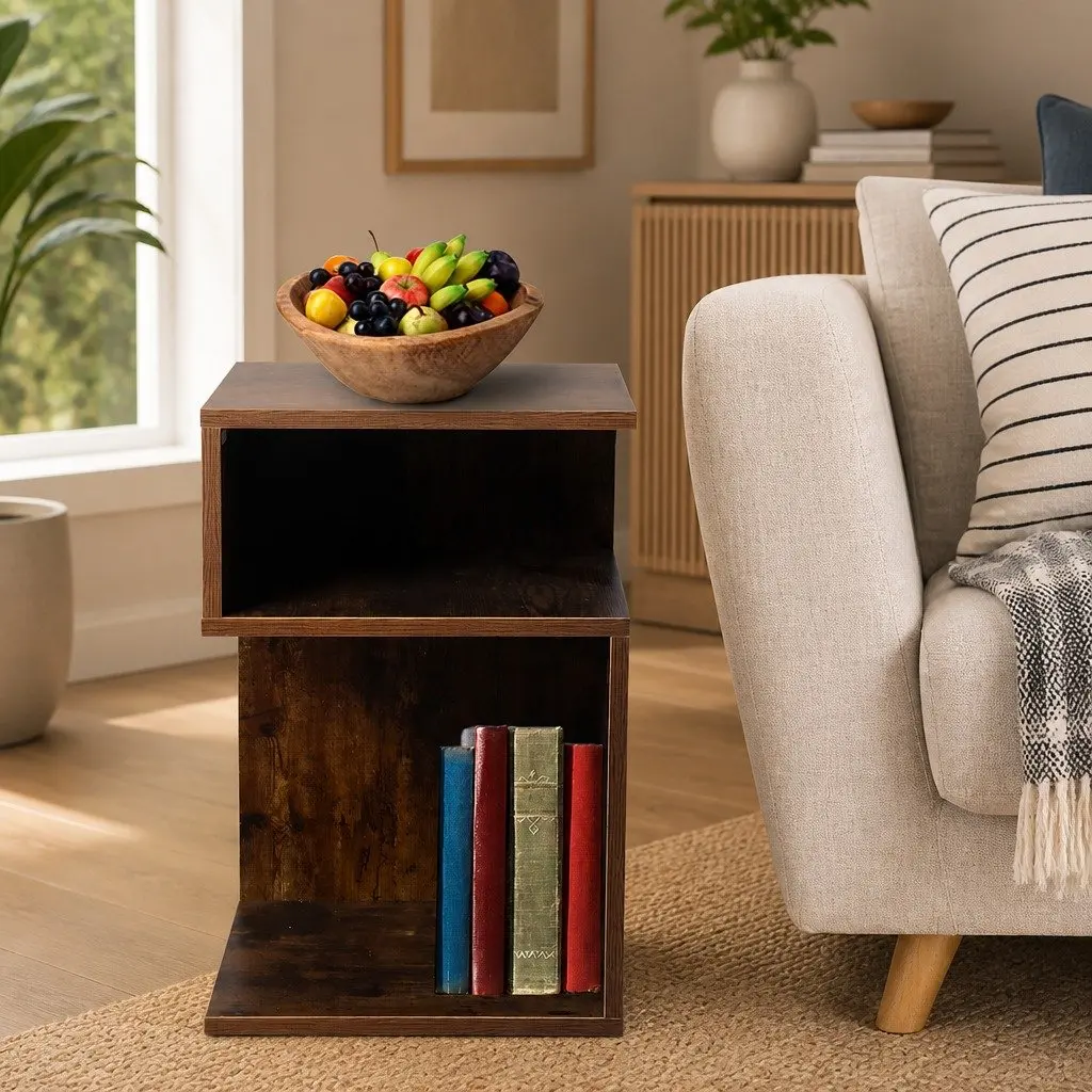 Bedside Table Wooden Side End Oak 33x33x50cm Open Shelves Bedroom Storage 2 Piece