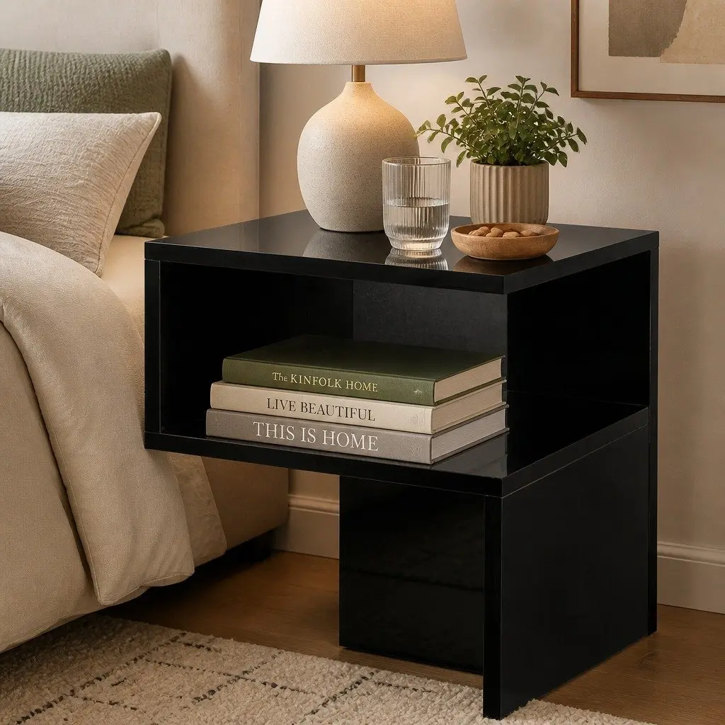 Bedside Table with Drawers Open Shelves Storage Side Night Stand Black